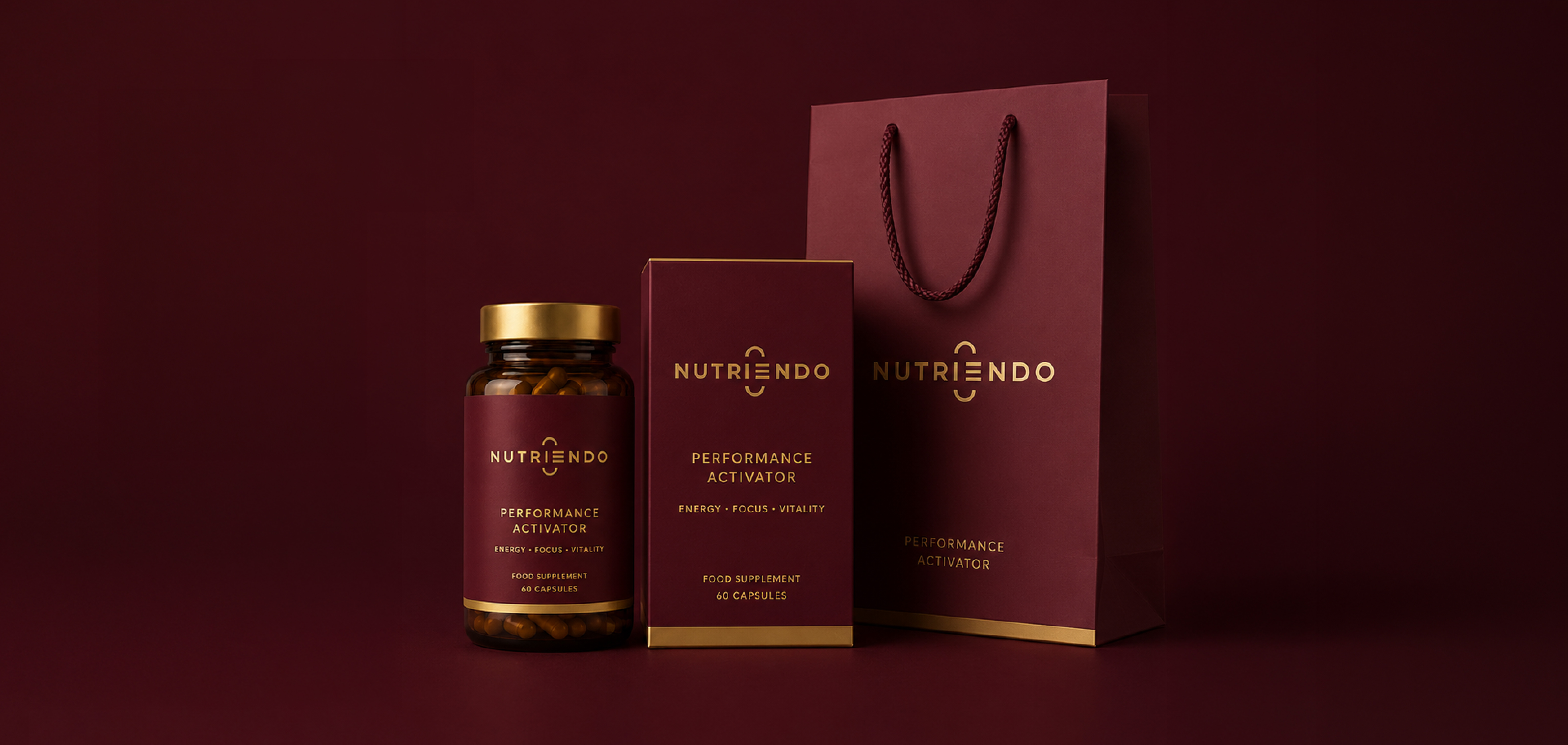 NUTRIENDO supplement packaging and shopping bag